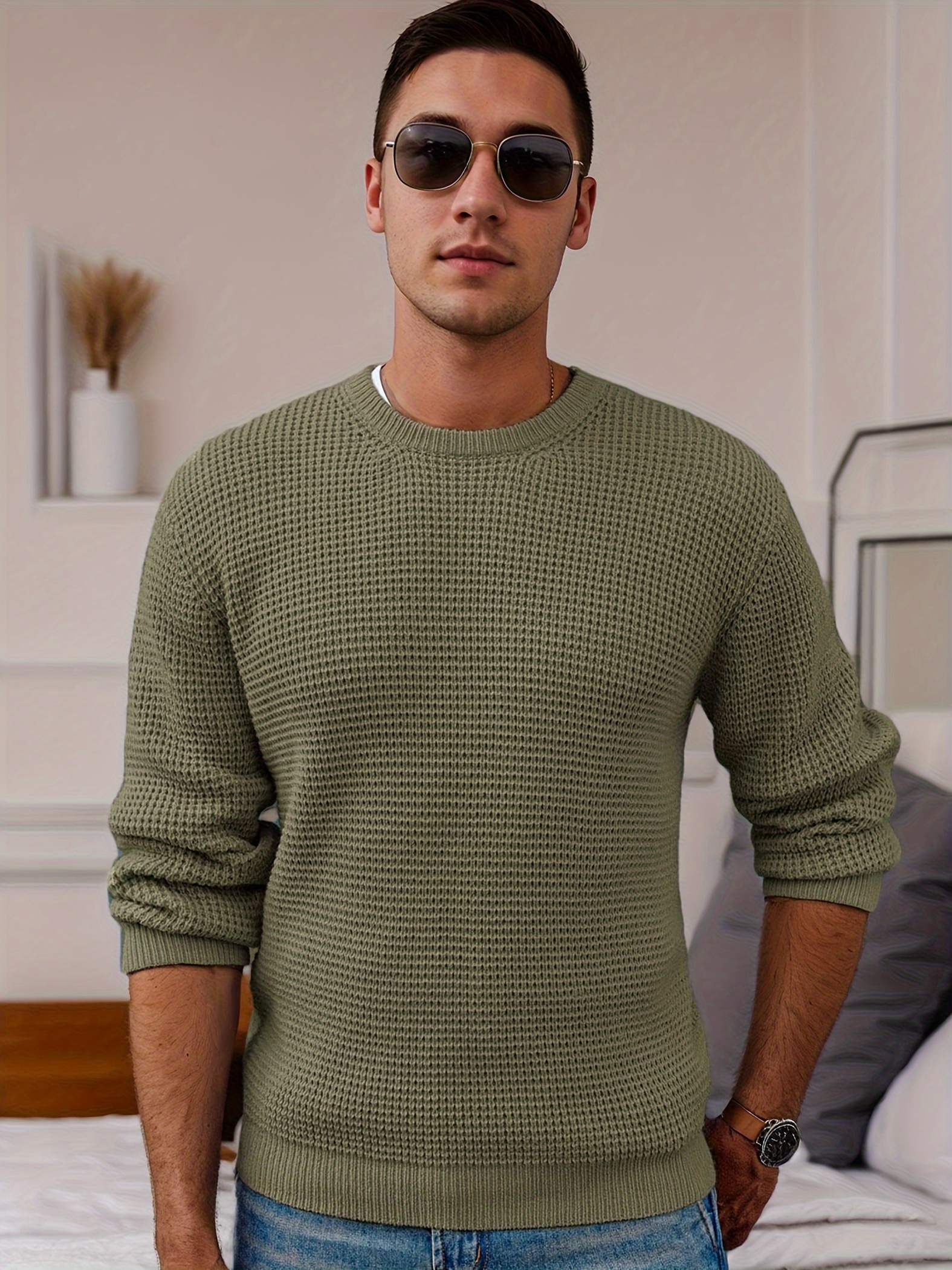 mens crew neck waffle texture long sleeved knit sweater details 7