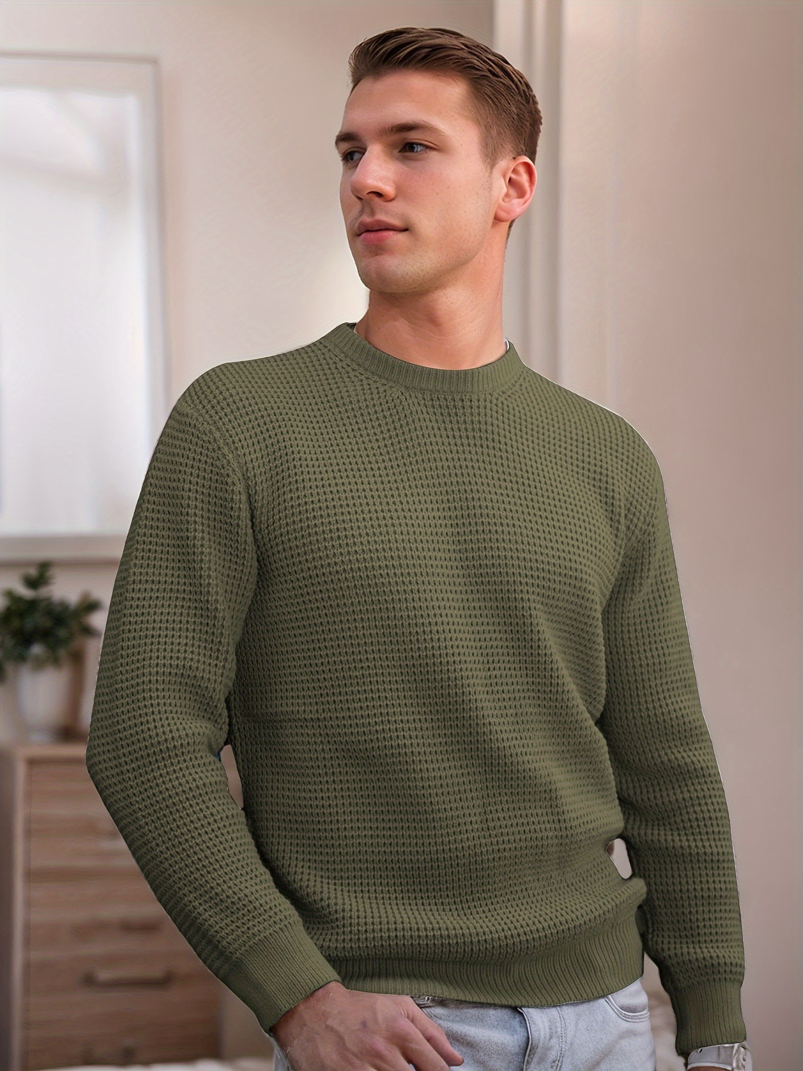 mens crew neck waffle texture long sleeved knit sweater details 8