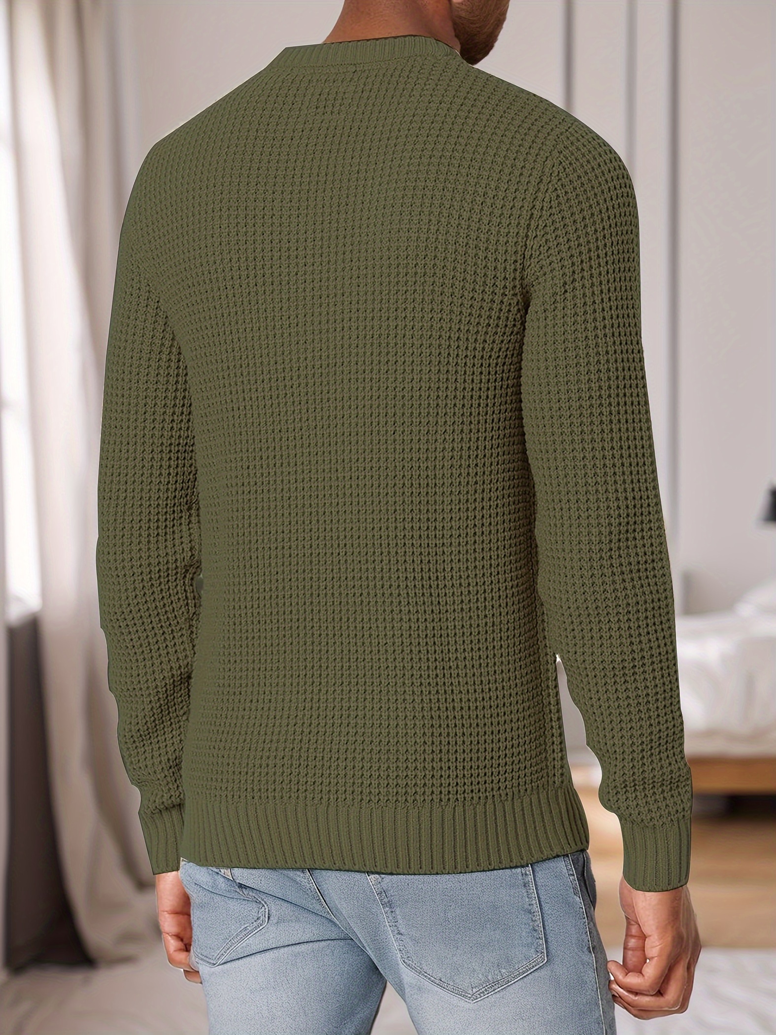 mens crew neck waffle texture long sleeved knit sweater details 9