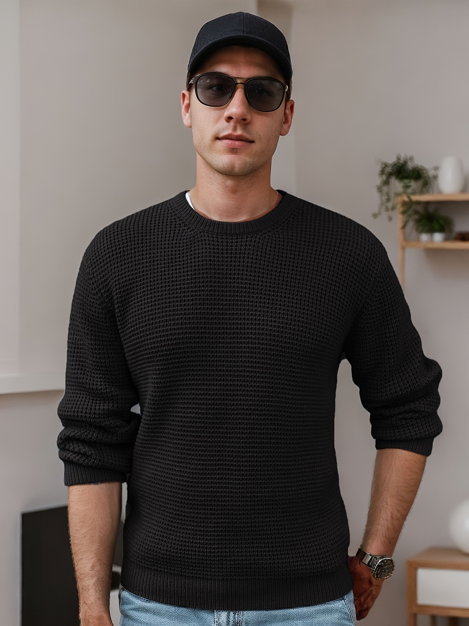 mens crew neck waffle texture long sleeved knit sweater details 10