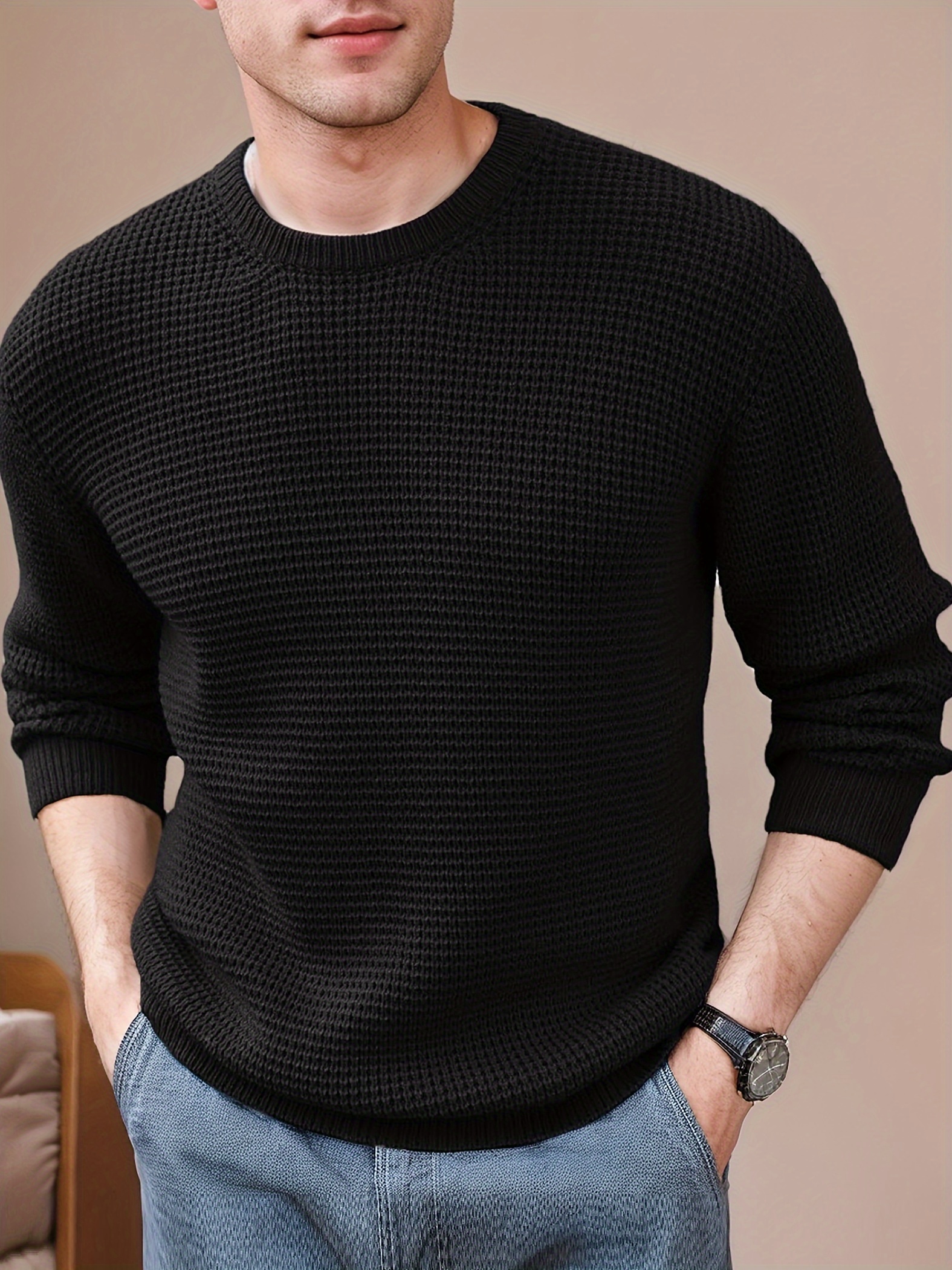 mens crew neck waffle texture long sleeved knit sweater details 12