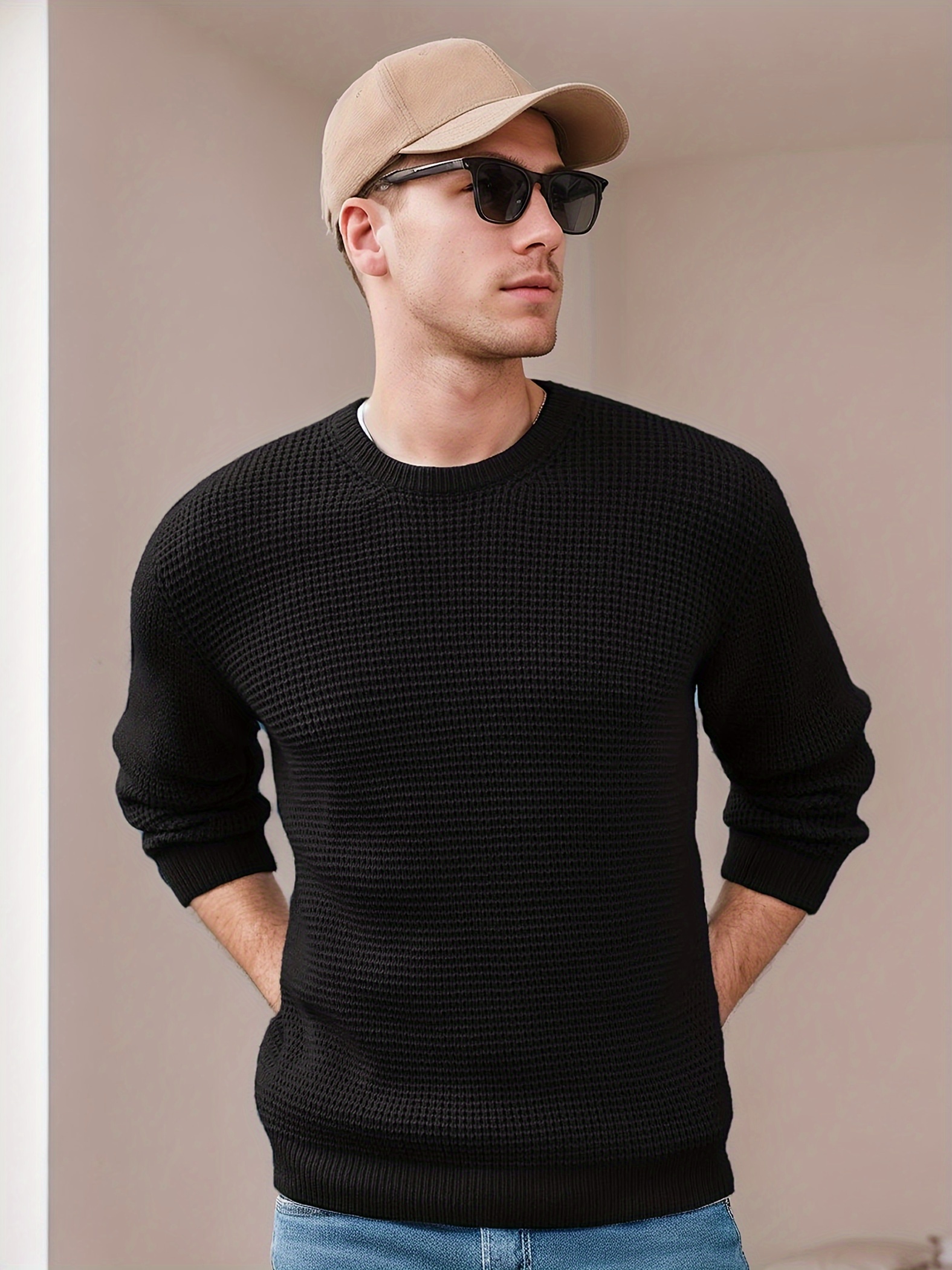 mens crew neck waffle texture long sleeved knit sweater details 13