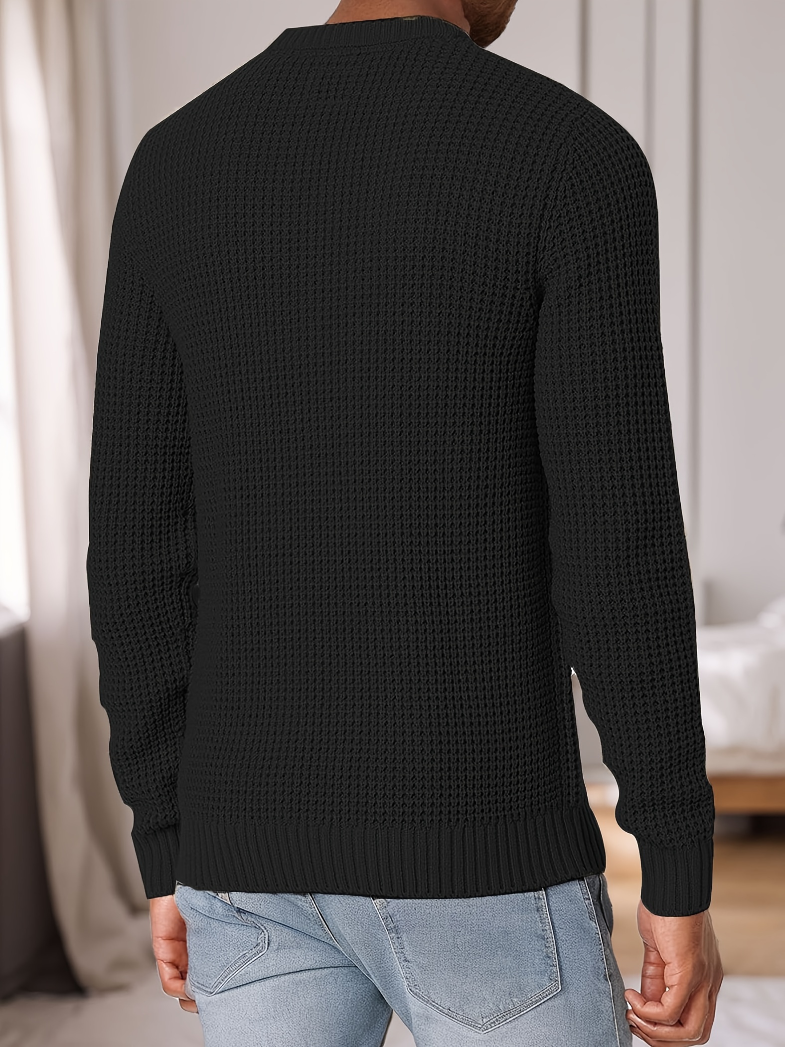 mens crew neck waffle texture long sleeved knit sweater details 14