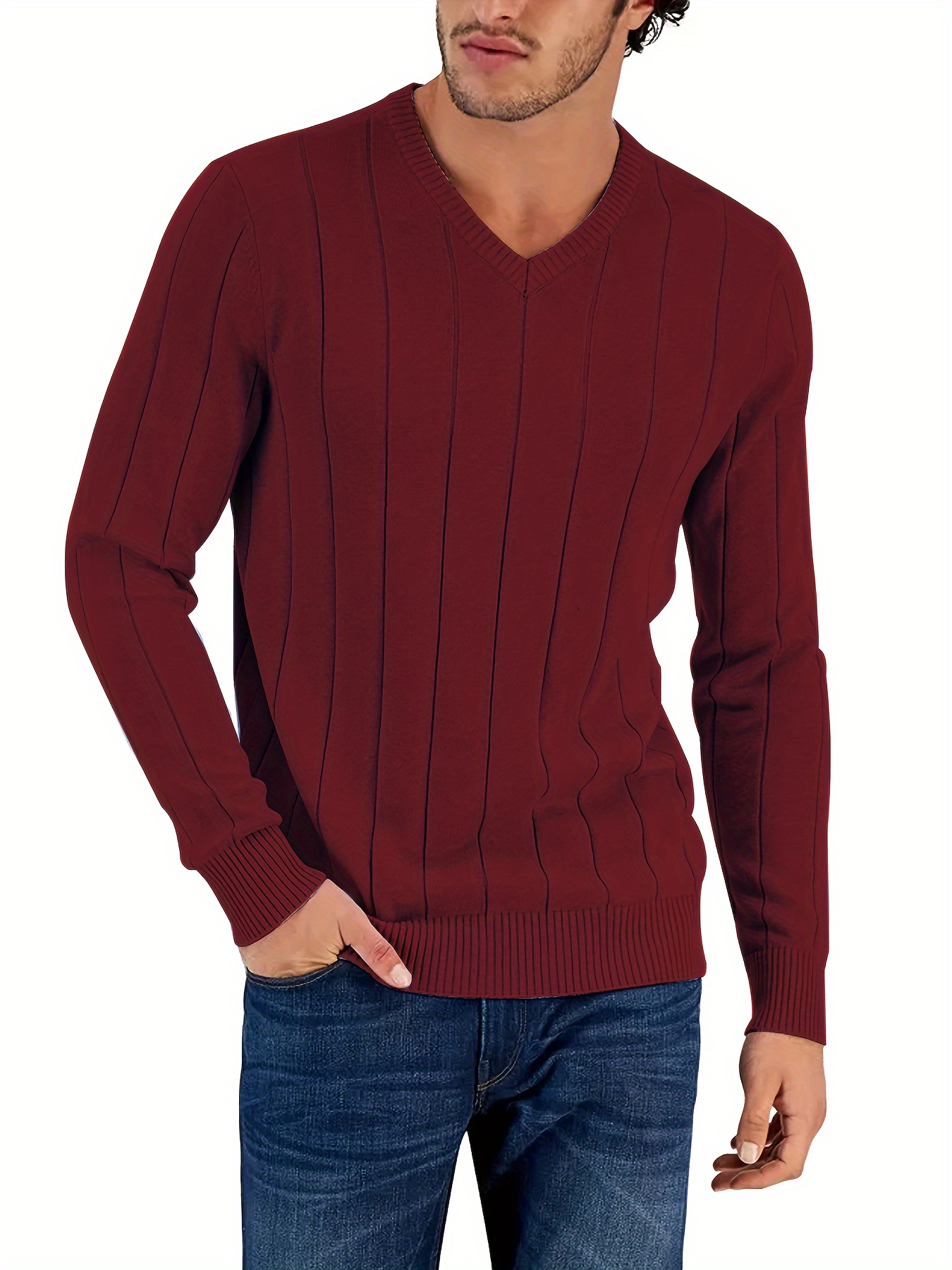 Tooluck Men s V-neck wide-striped pullover sweater details 0