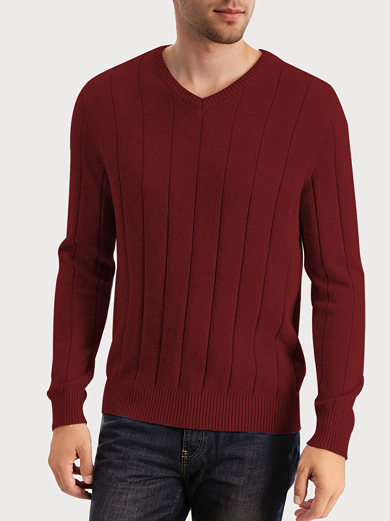 Tooluck Men s V-neck wide-striped pullover sweater details 3