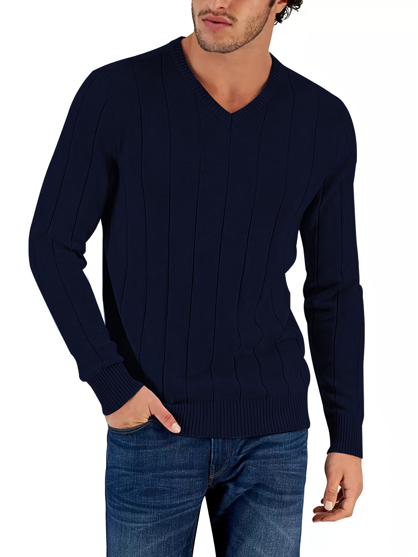 Tooluck Men s V-neck wide-striped pullover sweater details 7