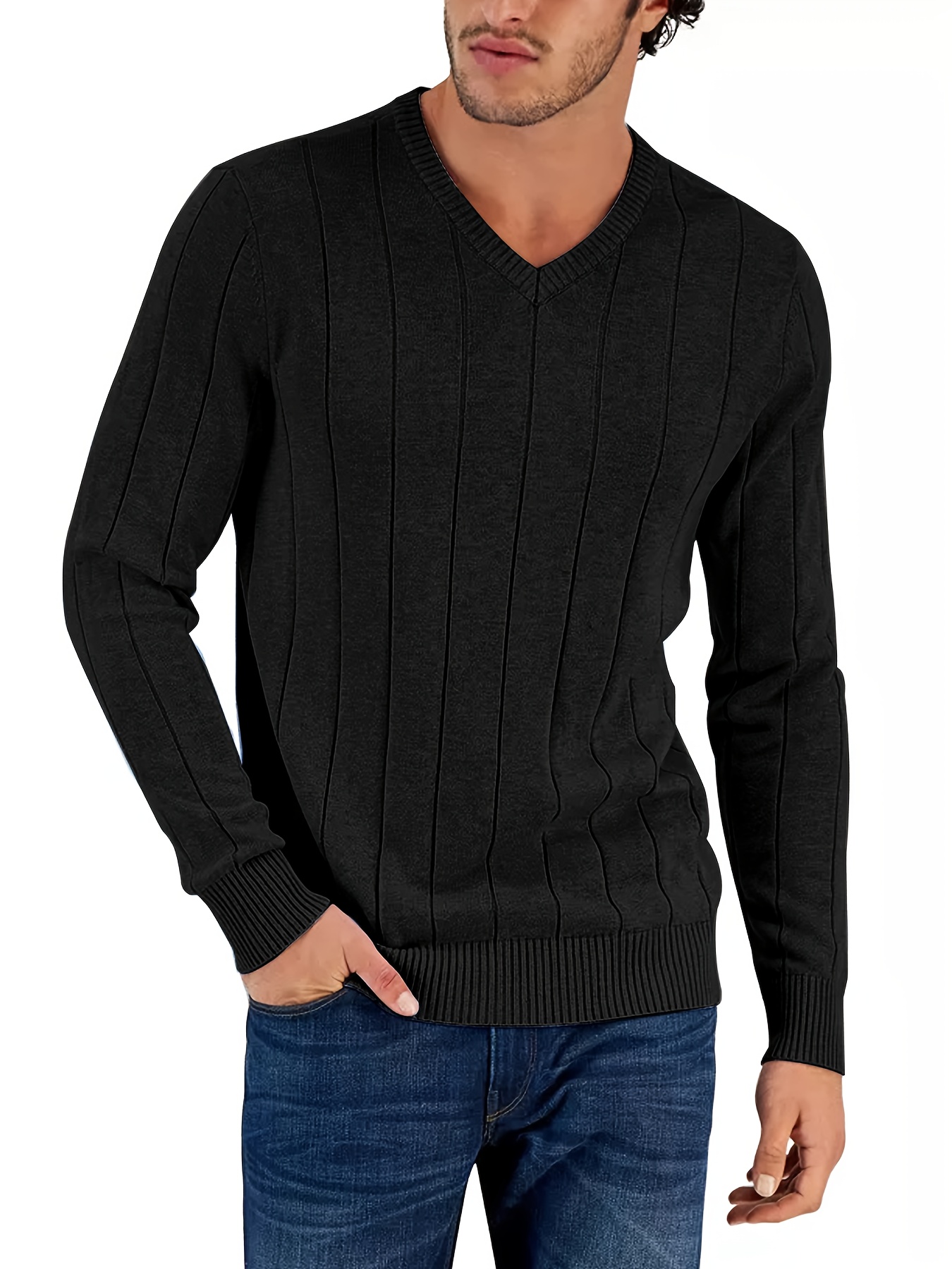 Tooluck Men s V-neck wide-striped pullover sweater details 9