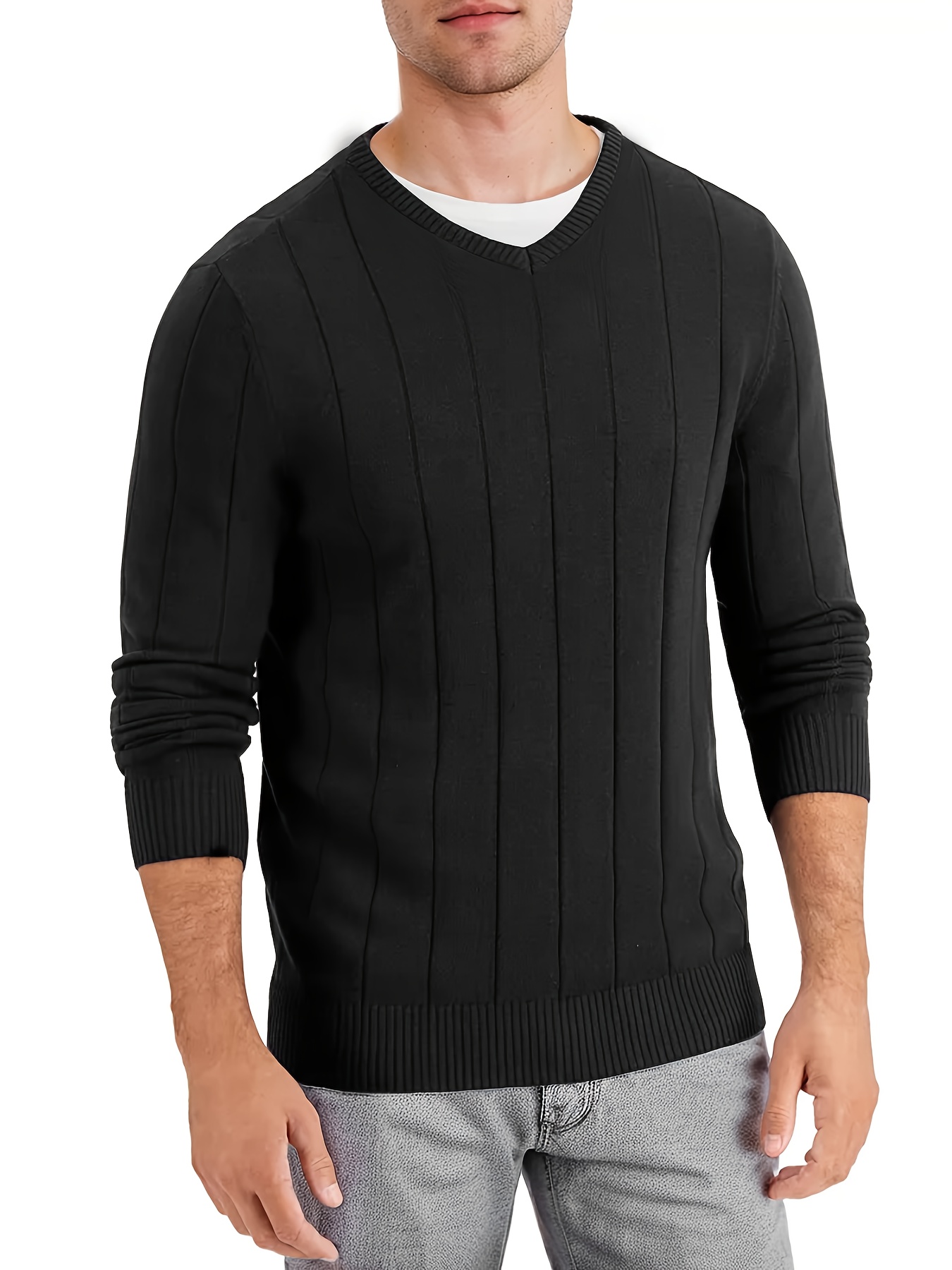 Tooluck Men s V-neck wide-striped pullover sweater details 10