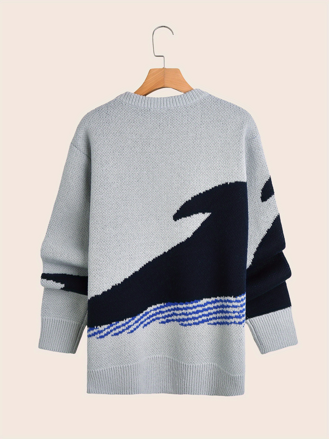 cartoon whale print loose fit warm sweater mens casual retro style slightly stretch crew neck pullover sweater for fall winter details 1