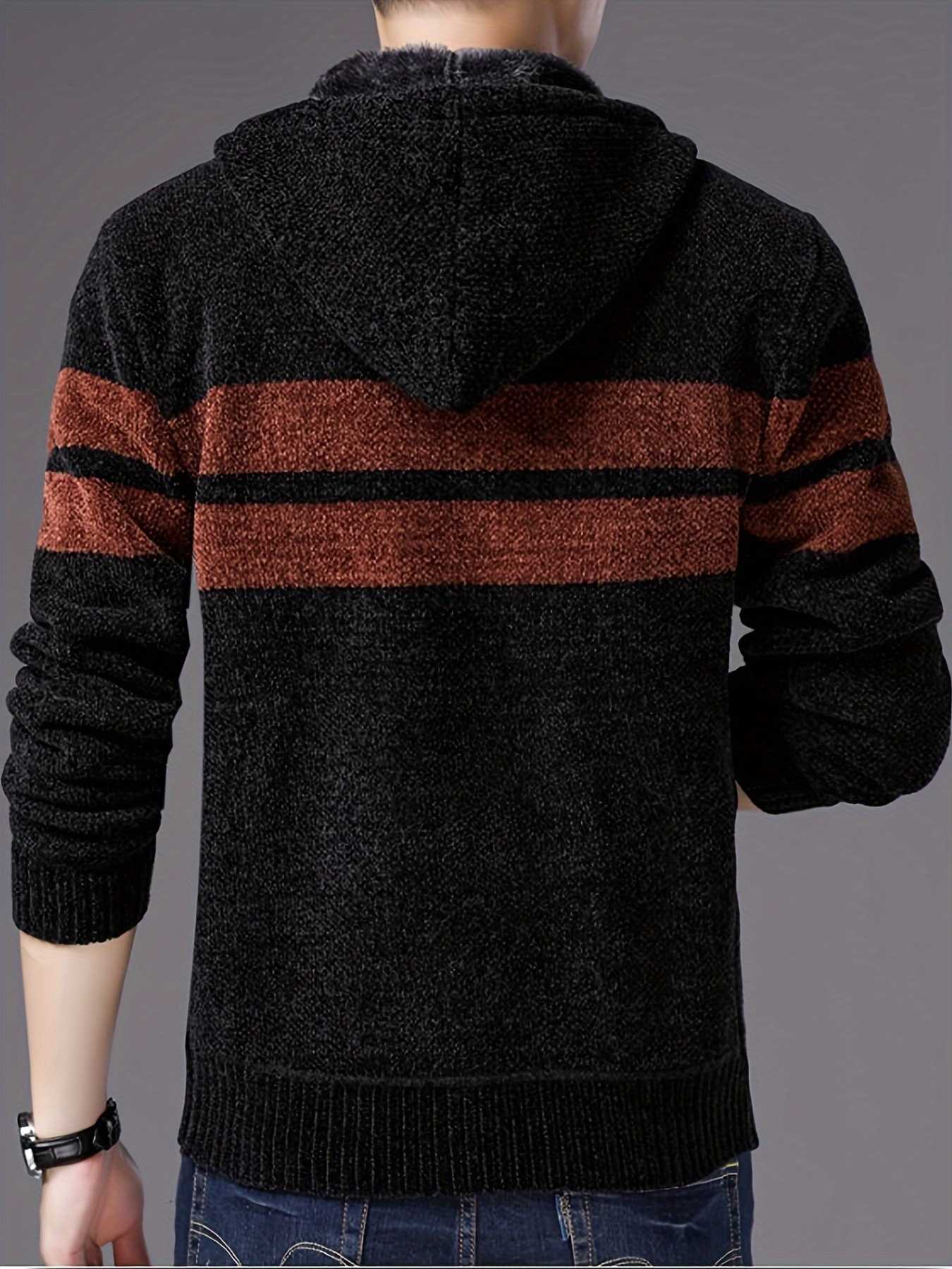 mens cardigan sweater stripe pattern drawstring hooded teddy lined full zip up cardigan for fall winter casual details 0