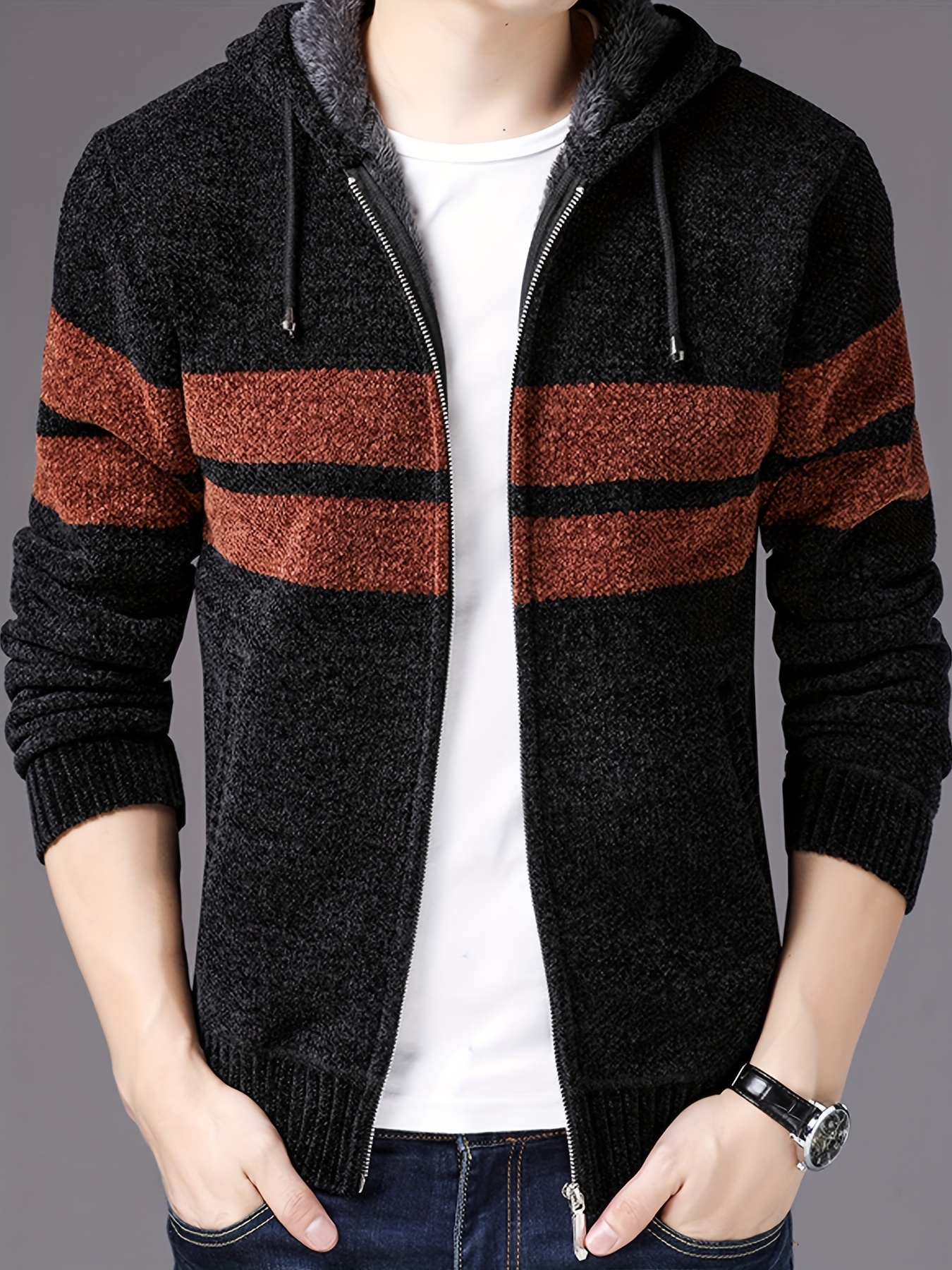 mens cardigan sweater stripe pattern drawstring hooded teddy lined full zip up cardigan for fall winter casual details 1