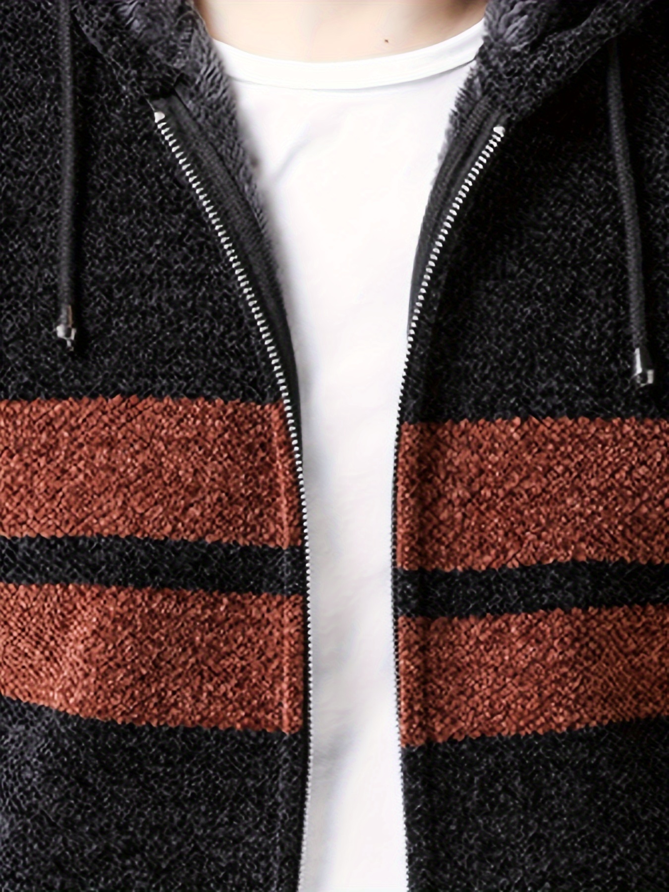 mens cardigan sweater stripe pattern drawstring hooded teddy lined full zip up cardigan for fall winter casual details 2