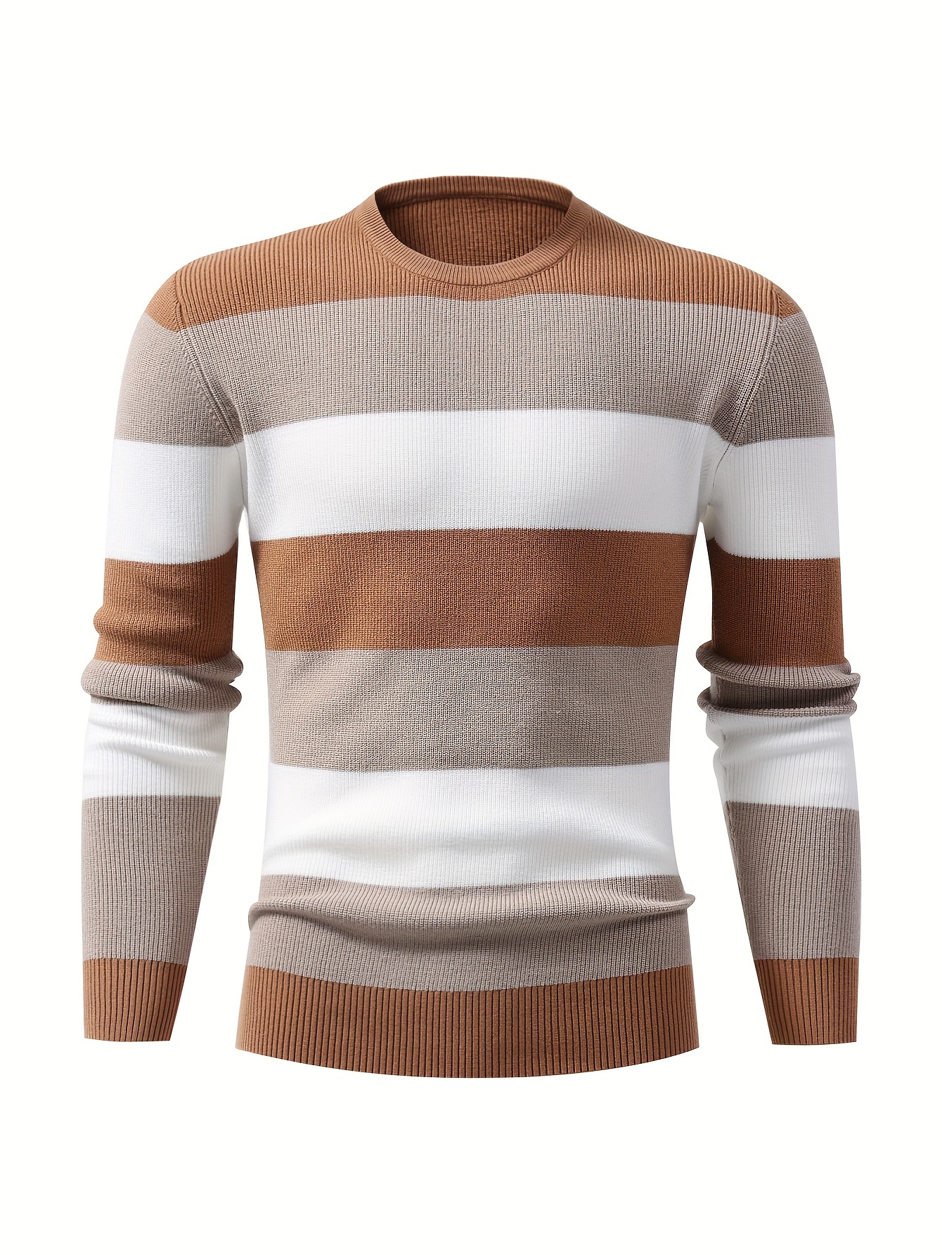 mens stylish color blocked knitted pullover casual breathable long sleeve high stretch crew neck top for city walk street hanging outdoor activities details 0