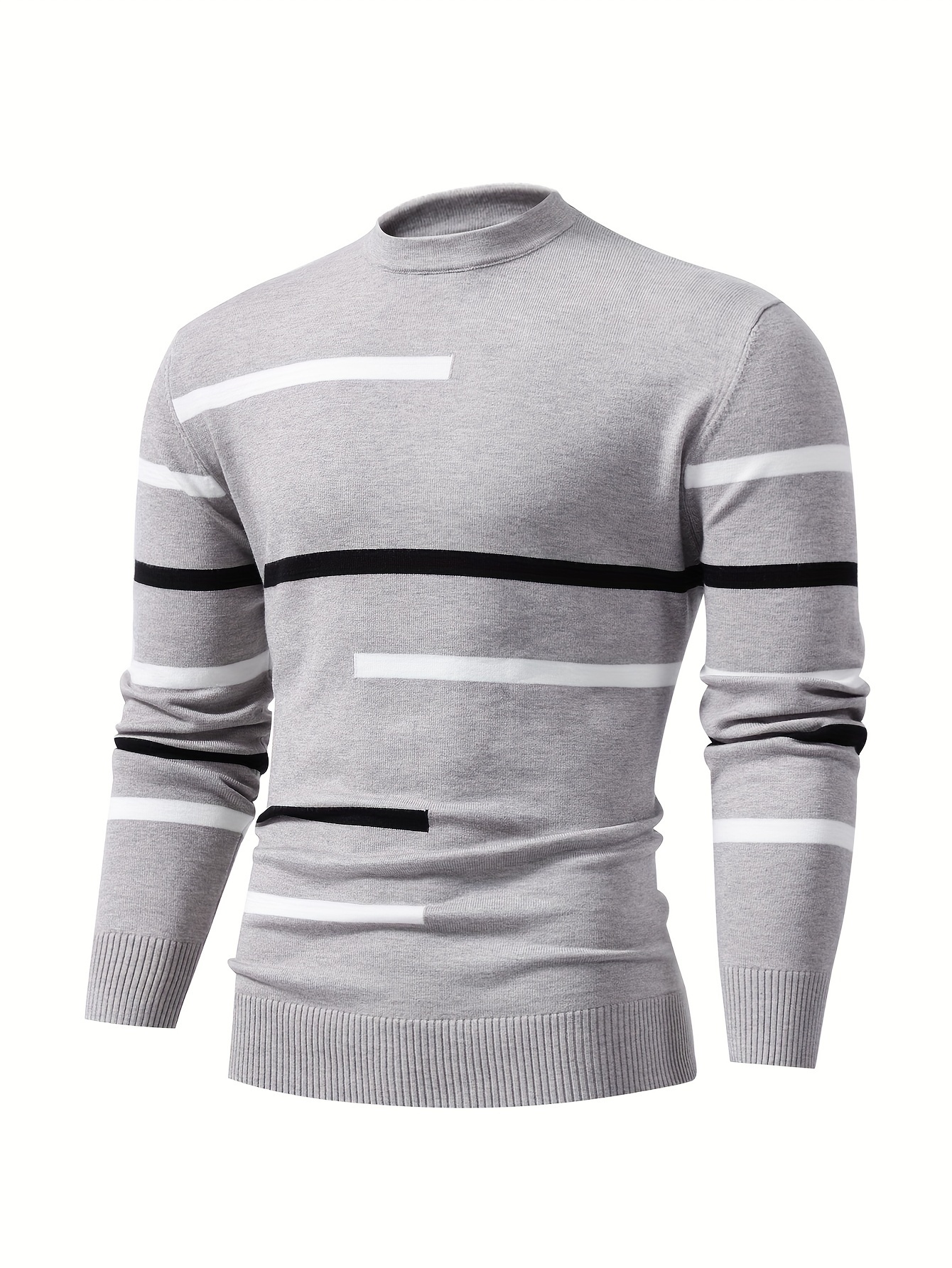 mens stylish stripe pattern knitted pullover casual breathable long sleeve crew neck top for city walk street hanging outdoor activities details 0