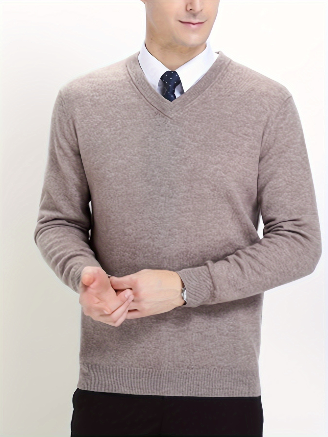 mens solid knit long sleeve v neck sweater for spring fall mens high stretch top for outdoor details 1