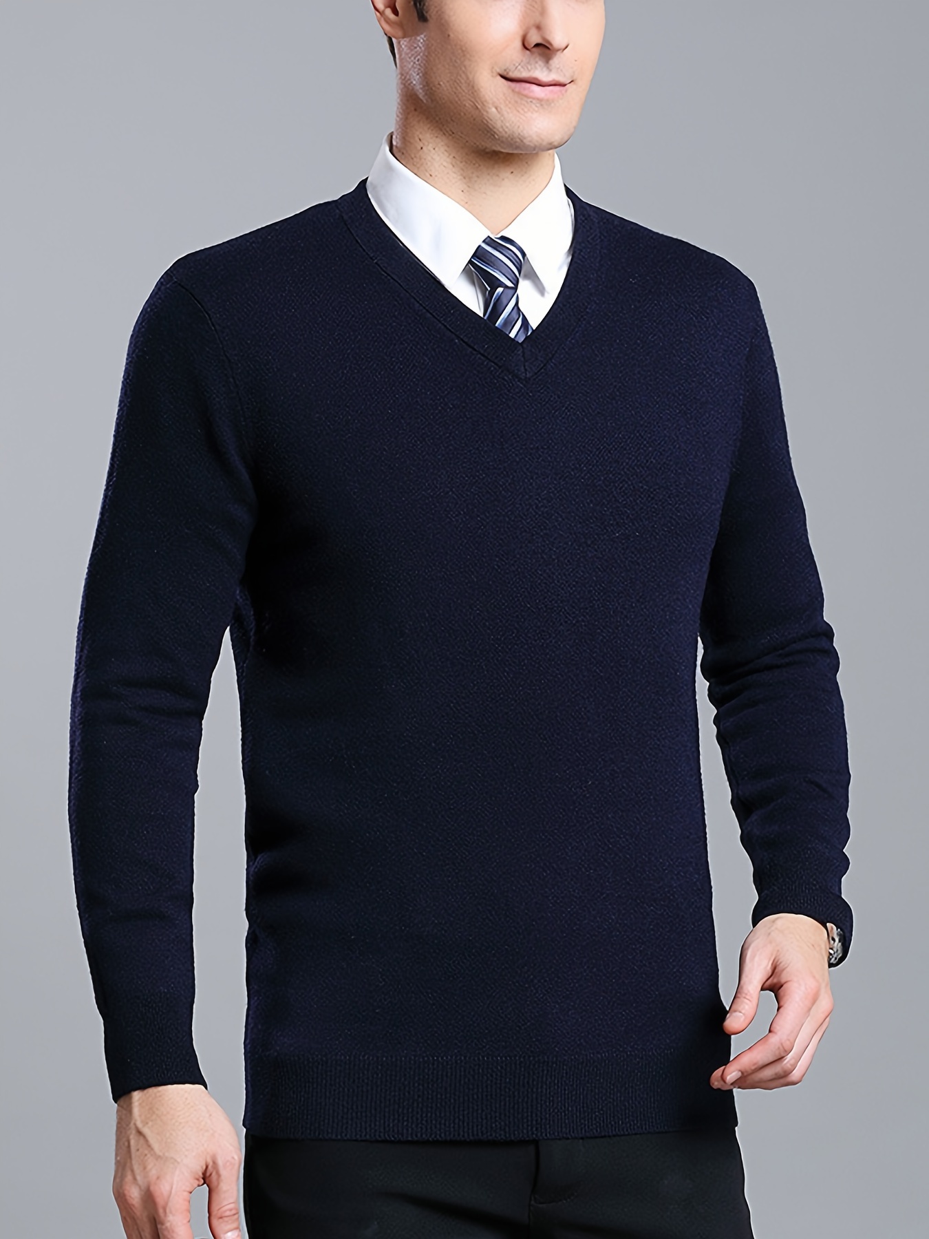 mens solid knit long sleeve v neck sweater for spring fall mens high stretch top for outdoor details 2