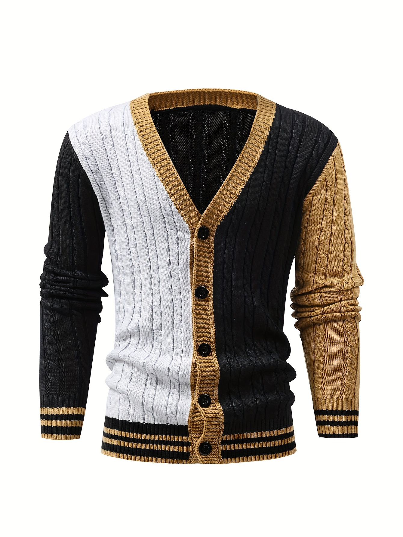 mens stylish color matching knitted pullover casual breathable long sleeve v neck button up top for city walk street hanging outdoor activities details 5