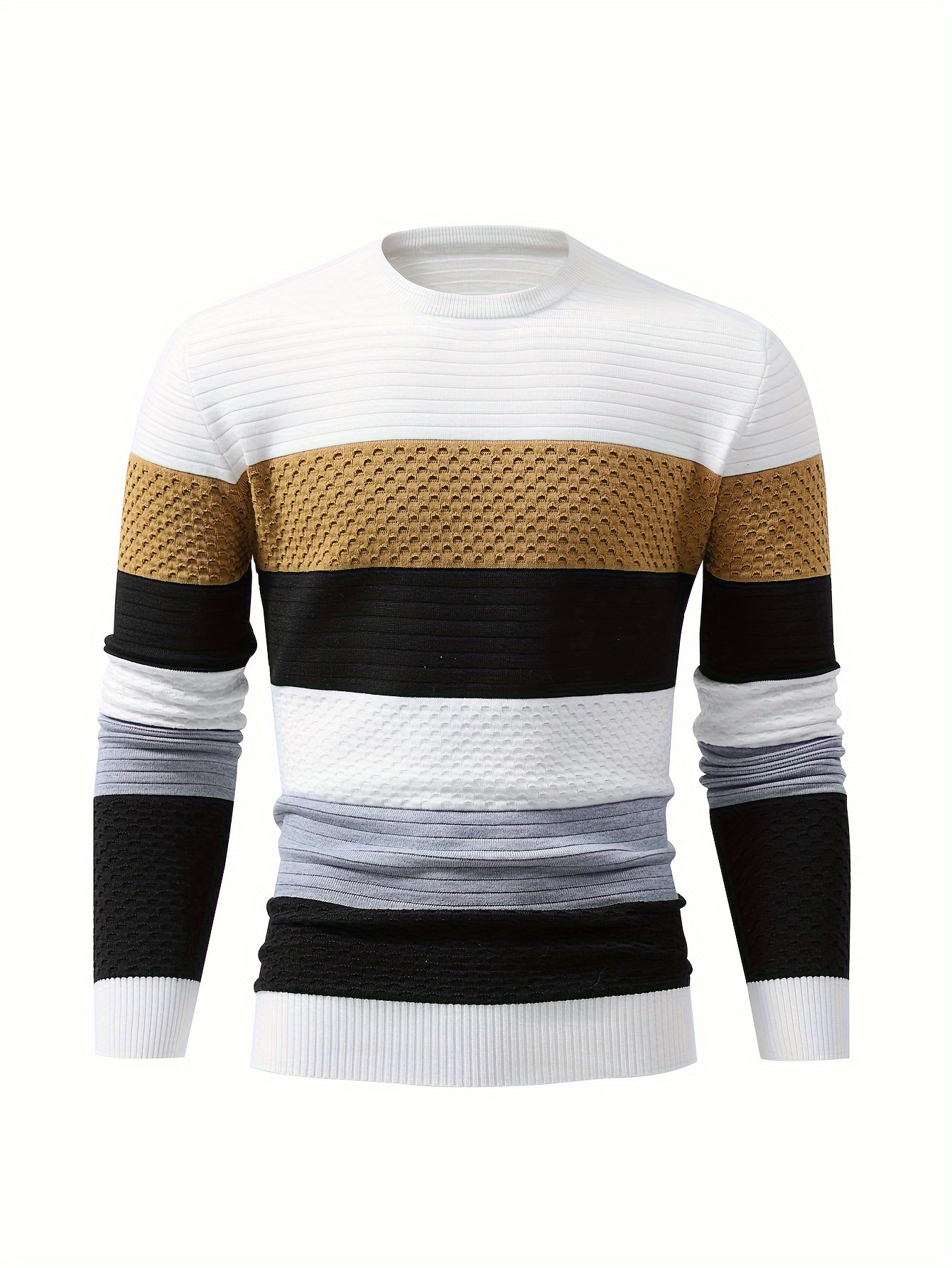 mens stylish color matching knitted pullover casual breathable long sleeve crew neck top for city walk street hanging outdoor activities details 5