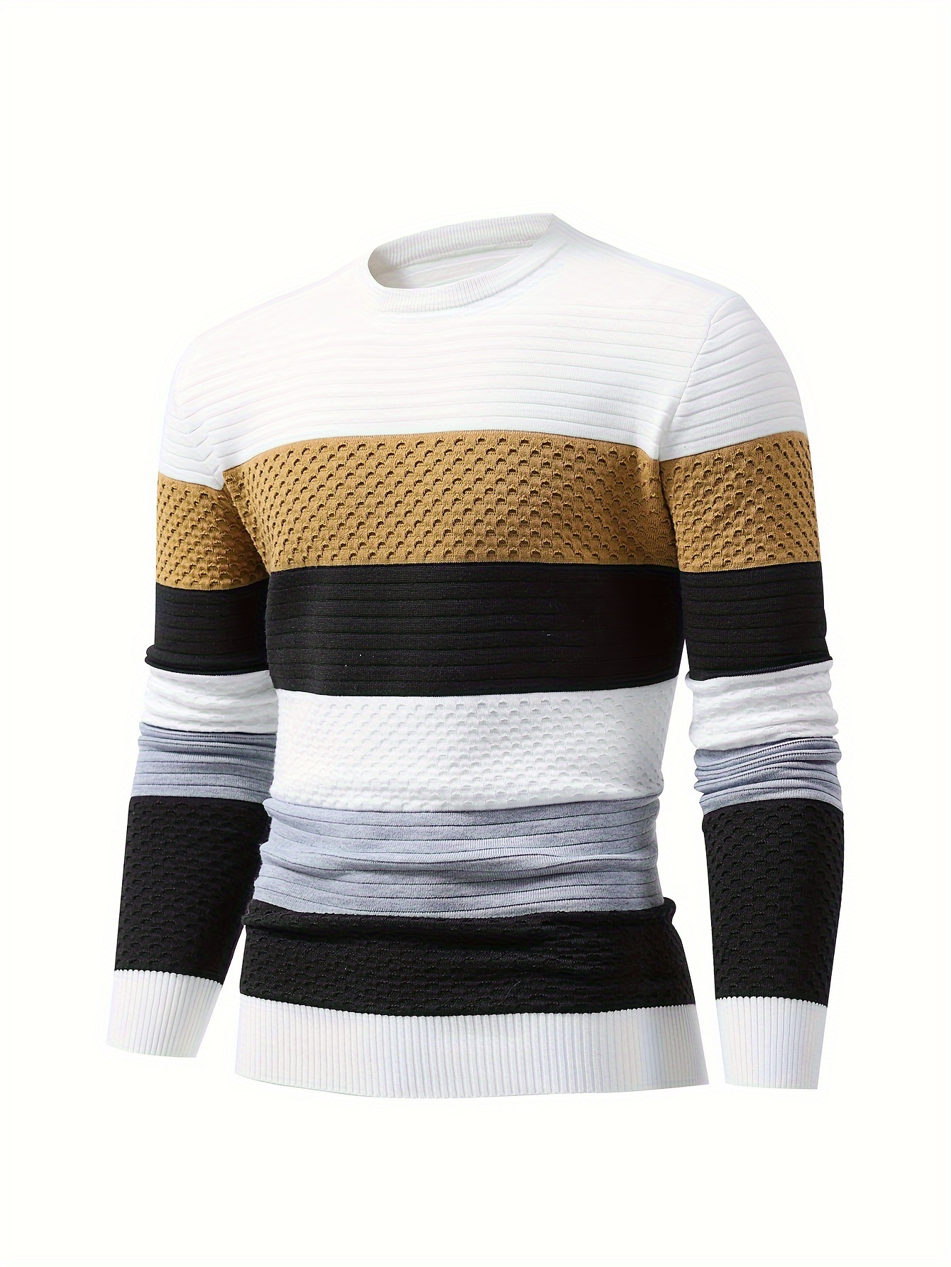 mens stylish color matching knitted pullover casual breathable long sleeve crew neck top for city walk street hanging outdoor activities details 6