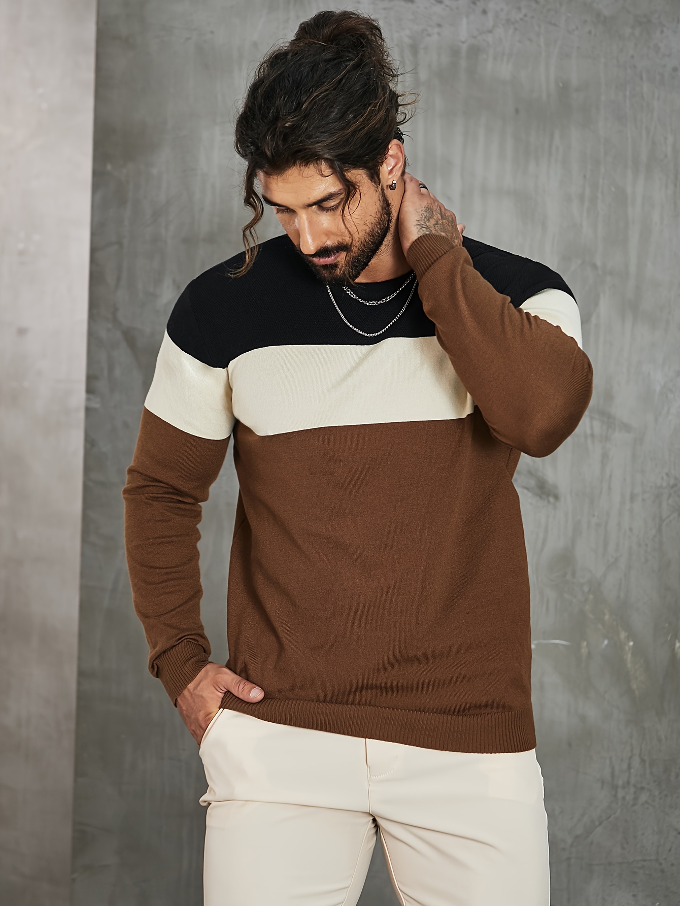 all match knitted color block sweater mens casual warm high stretch crew neck pullover sweater for men fall winter details 1