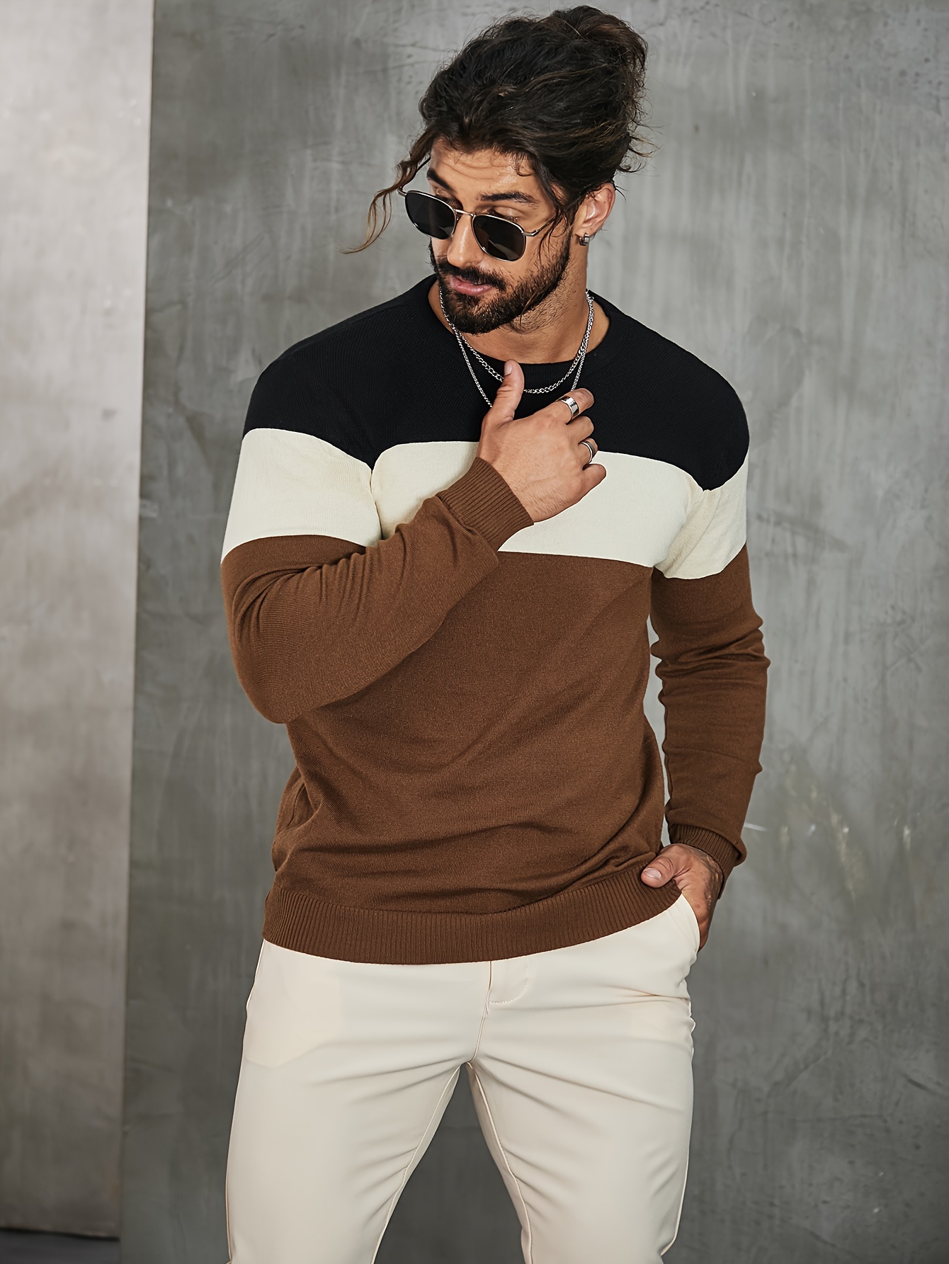 all match knitted color block sweater mens casual warm high stretch crew neck pullover sweater for men fall winter details 2