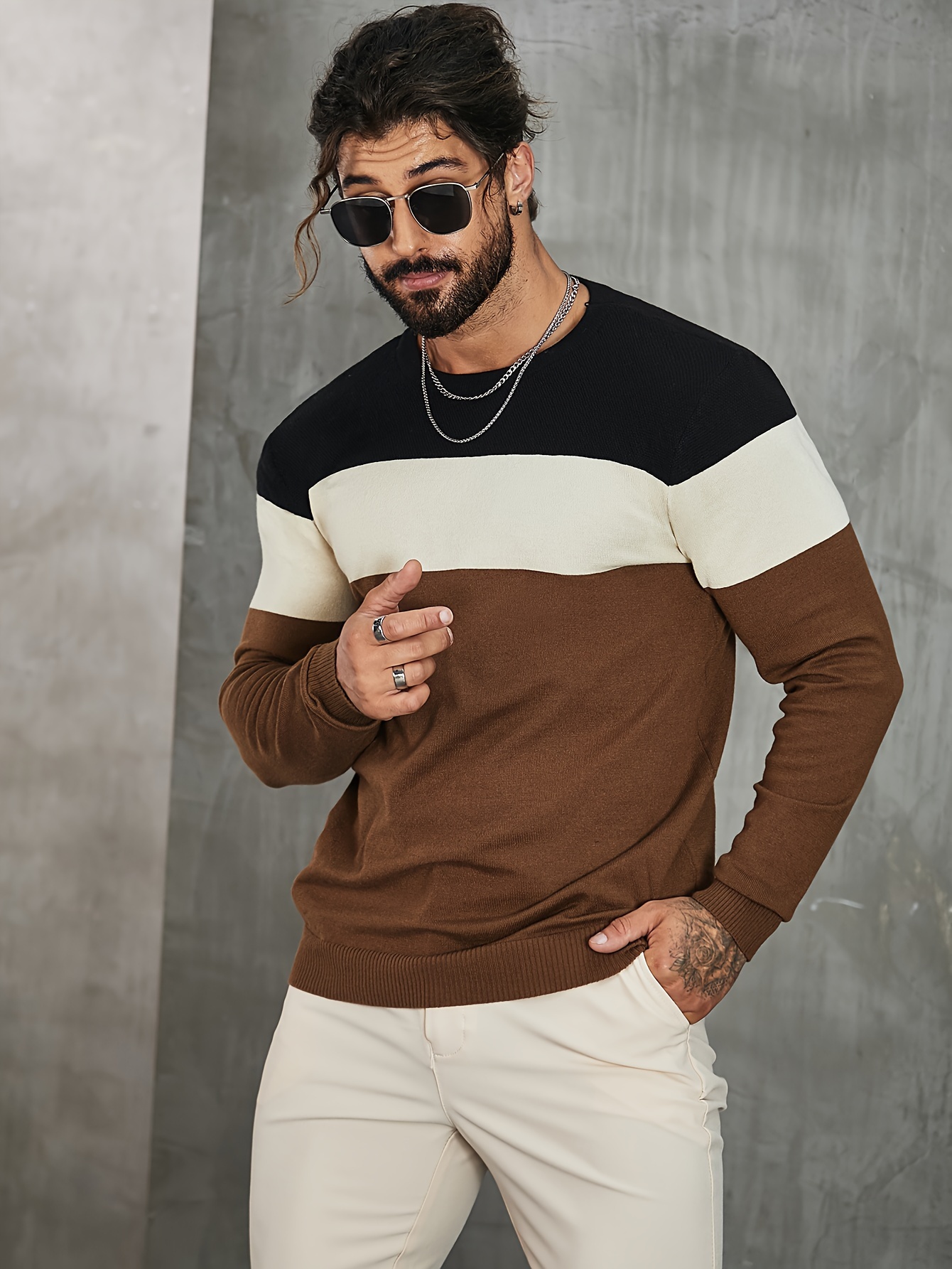 all match knitted color block sweater mens casual warm high stretch crew neck pullover sweater for men fall winter details 3