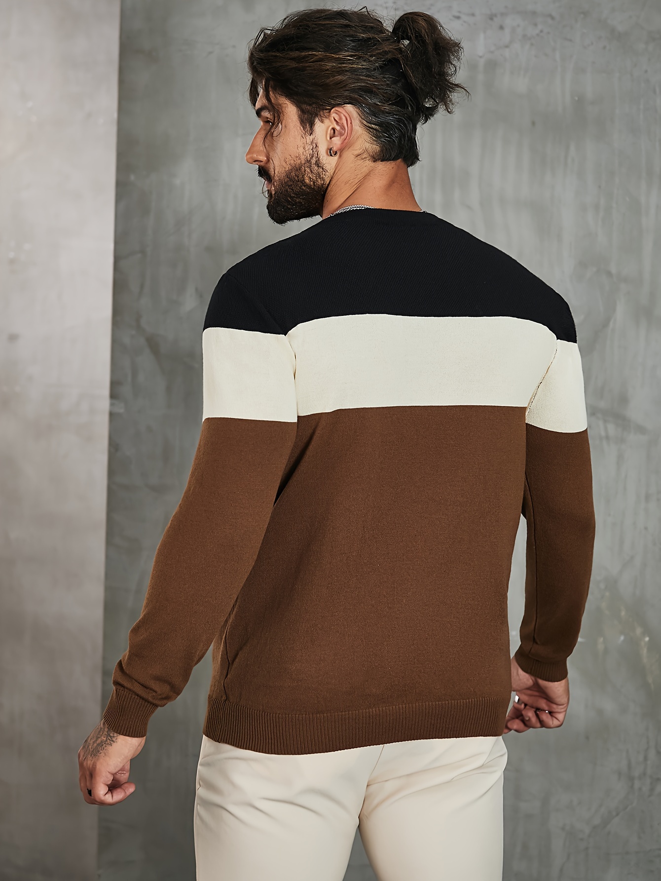 all match knitted color block sweater mens casual warm high stretch crew neck pullover sweater for men fall winter details 4