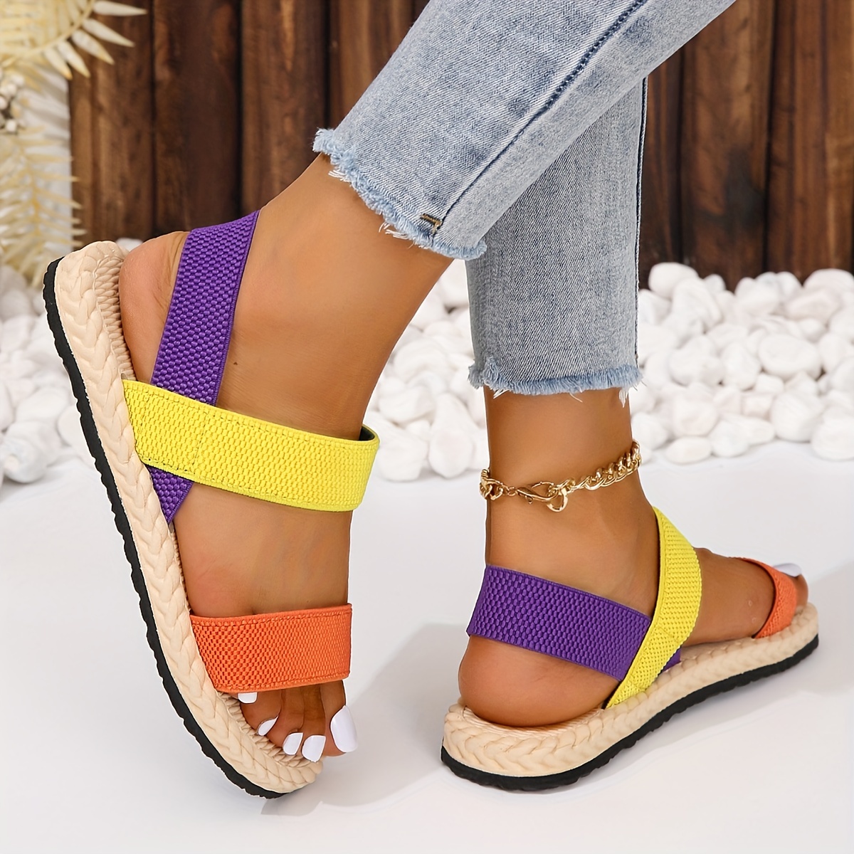 womens colorblock flat sandals open toe elastic strap slip on summer shoes imitation espadrille sole beach sandals details 5