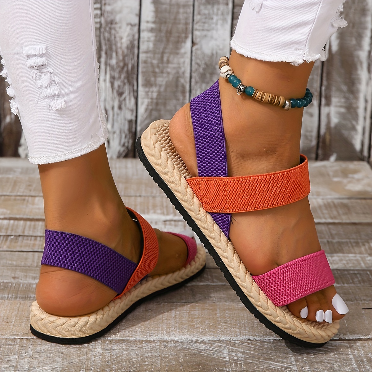 womens colorblock flat sandals open toe elastic strap slip on summer shoes imitation espadrille sole beach sandals details 8