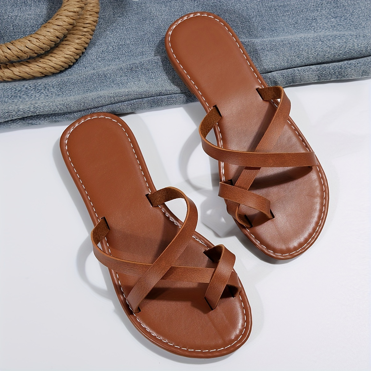 womens solid color thong sandals slip on open toe cross strap lightweight flat slides shoes summer beach comfy shoes details 6