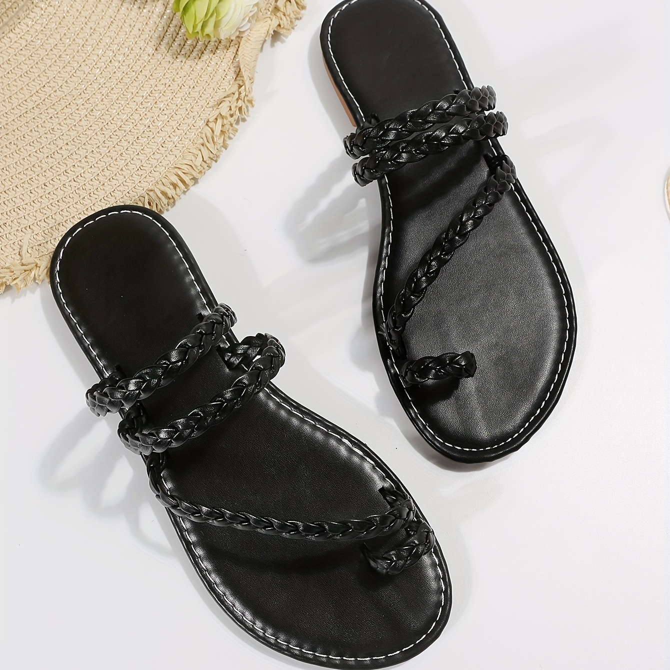 womens solid color braided slide sandals casual loop toe two way wear beach shoes flat slide sandals details 3