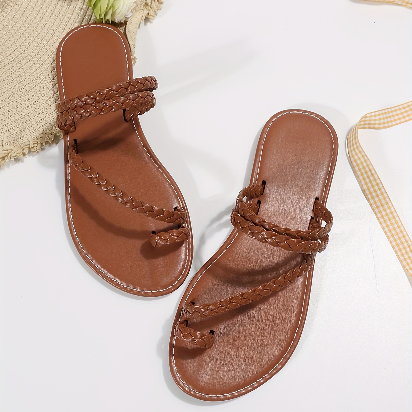 womens solid color braided slide sandals casual loop toe two way wear beach shoes flat slide sandals details 5