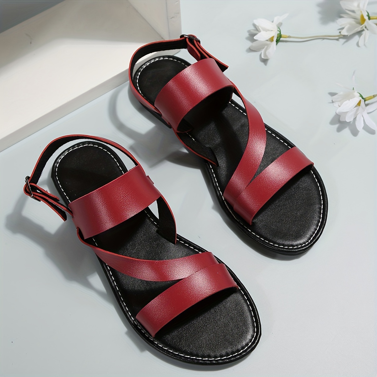 womens casual flat sandals solid color open toe buckle strap slingback shoes lightweight beach sandals details 7