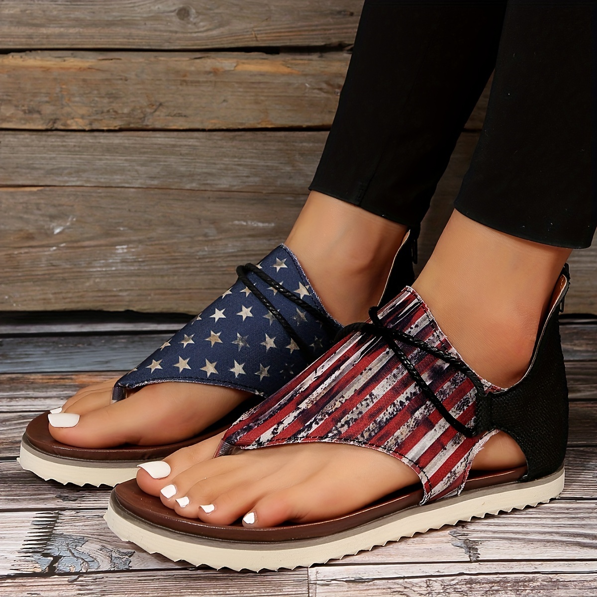 womens flag pattern trendy sandals retro back zipper design flat thong sandals canvas sandals for the 4th of july details 3