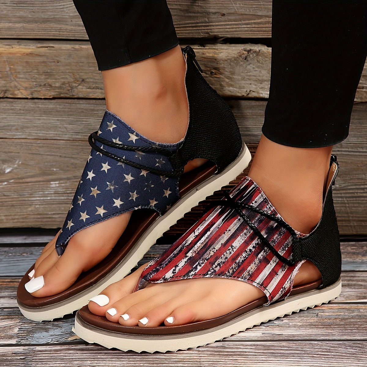 womens flag pattern trendy sandals retro back zipper design flat thong sandals canvas sandals for the 4th of july details 5