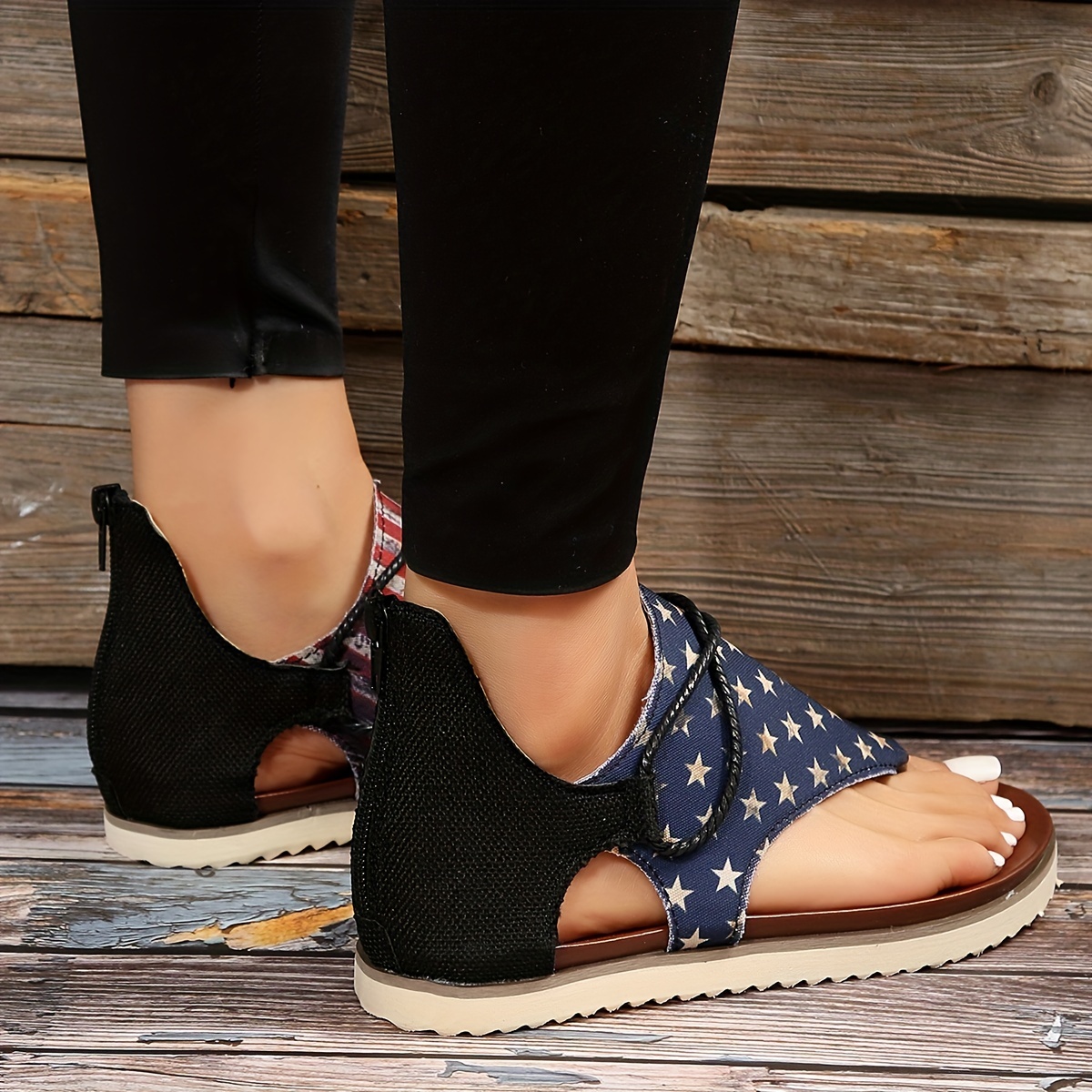 womens flag pattern trendy sandals retro back zipper design flat thong sandals canvas sandals for the 4th of july details 6